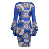 Rushlover Wax Print Fitted Mid-Calf Africa Bell sleeves Side zipper Dress