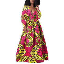 Rushlover African Ethnic Style Printed Long-sleeved High-Waisted Mid-length Dress