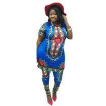 Rushlover Blue Fashion Ethnic Round Neck Print African Midi Skirt For Camping
