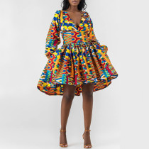 Rushlover Ethnic Style Digital Printing Women's Long-sleeved V-neck Dress