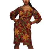 Rushlover Autumn Ethnic Style Fashion V-neck Lantern Sleeve Dress With Waist