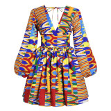 Rushlover Ethnic Style Digital Printing Women's Long-sleeved V-neck Dress