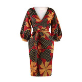 Rushlover Autumn Ethnic Style Fashion V-neck Lantern Sleeve Dress With Waist