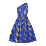 Rushlover Digital Printed Women's Diagonal Collar Sleeveless Dress With Belt