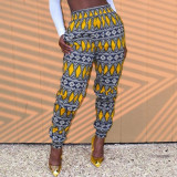 Rushlover Autumn Women's Trousers Ethnic Style Printed High-waist Pants Pants Pocket Design