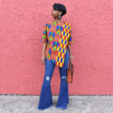 Rushlover Yellow Digital Print Street African Women's Fashion Irregular Sleeve Top