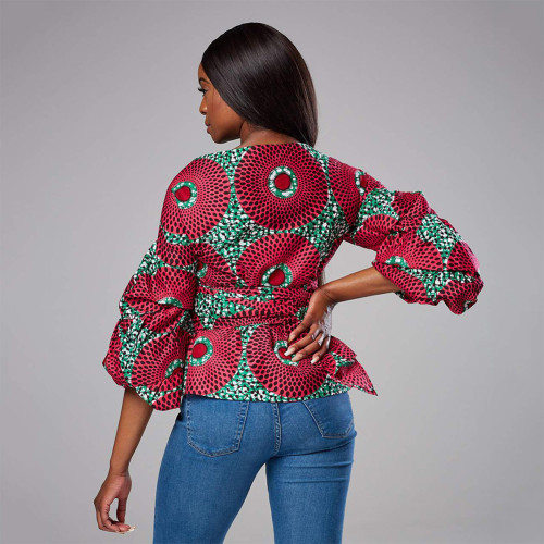 Rushlover Rose Red African Digital Printed V-neck Long Sleeve Tie Top Sexy Fashion Style