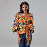 Rushlover Yellow Word V-neck Long-sleeved Tie-up Top African Women's Clothing