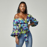 Rushlover Blue African Style Digital Printing Women's V-neck Long-sleeved Top