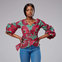 Rushlover Rose Red African Digital Printed V-neck Long Sleeve Tie Top Sexy Fashion Style