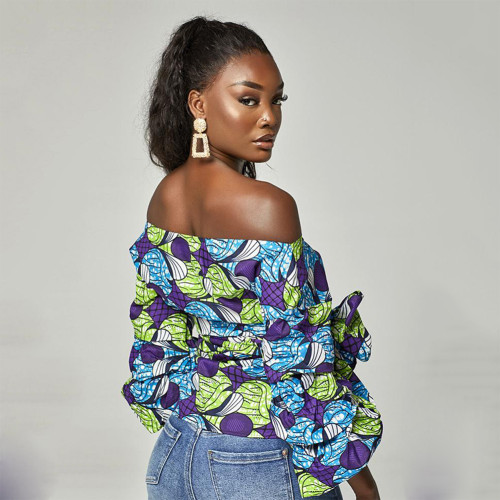 Rushlover Blue African Style Digital Printing Women's V-neck Long-sleeved Top