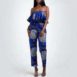 Rushlover Blue Ruffles Africa One-shoulder Ruffle Jumpsuit Can Be Worn Diagonally