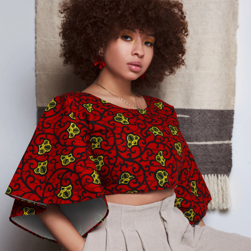 Rushlover Red African Style Sexy Backless Lotus Leaf Sleeve Side Zipper Ultra-short Crop Top Women