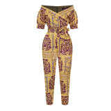 Rushlover One-word Collar Mid-sleeve Zipper Jumpsuit African Style Suit With Belt