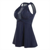 Rushlover Dark Blue High Waist Plus Size Beachwear Mesh Stitching Split Swimsuit Cover Belly