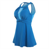 Rushlover Lake Blue Large Size Mesh Stitching Split Swimsuit The Thin Minimalist Style