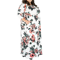 Rushlover Womens Plus Size 3/4 Sleeve Floral Print Elastic High Waist Vintage Midi Dress with Pockets