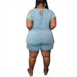 Rushlover Sky Blue Fashion Casual Loose Solid Color Plus Size Jumpsuit