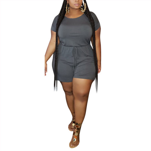 Rushlover Gray Solid Color Round Collar Fashion Casual Loose Plus Size Jumpsuit