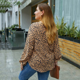 Rushlover Khaki Big Size Blouse V-Collar Spots Casual Long Puff Sleeves For Women