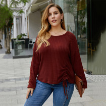 Rushlover Dark Red Queen Size Pleated Crew Neck Shirt Elasticity Loose and Simple Top