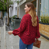 Rushlover Red Oversize Top V-neck Spots Casual Top Long Puff Sleeves For Women