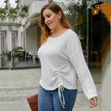 Rushlover White Drop Shoulder Solid Color Tie Shirt Loose and Simple Pleated Top