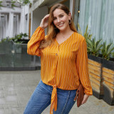 Rushlover Yellow Striped Blouse Shirts V-neck Plus Size Tie Knot Casual Tops