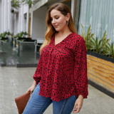 Rushlover Red Oversize Top V-neck Spots Casual Top Long Puff Sleeves For Women