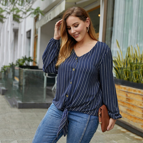 Rushlover Navy Blue Lantern Sleeves Stripe Top Queen Size Blouse Shirts For Camping