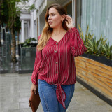 Rushlover Red Striped Blouse Shirts V-neck Plus Size Blouse Good Elasticity