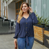 Rushlover Navy Blue Lantern Sleeves Stripe Top Queen Size Blouse Shirts For Camping