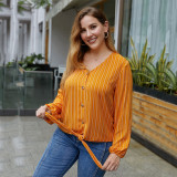Rushlover Yellow Striped Blouse Shirts V-neck Plus Size Tie Knot Casual Tops