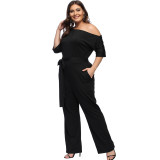 Rushlover Black Sexy One Shoulder Solid Jumpsuits Wide Leg Long Romper Pants with Belt