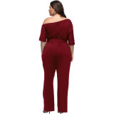 Rushlover Wine Red Sexy Half Sleeve Romance Plus Romper One Shoulder Jumpsuit