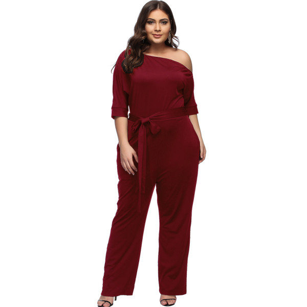 Rushlover Wine Red Sexy Half Sleeve Romance Plus Romper One Shoulder Jumpsuit