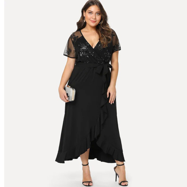 Rushlover Black Lady Style Mesh Stitching Irregular Ruffled Hem Long Dress