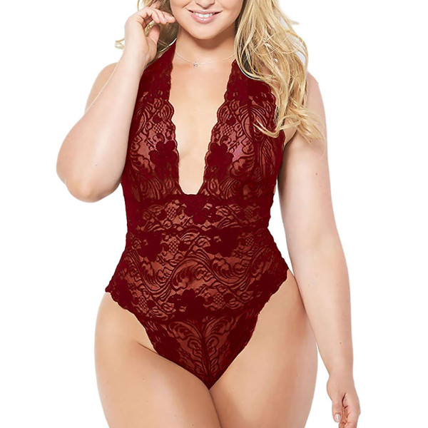 Rushlover Wine Red Flower Lace Detail Big Size Mesh One-piece Pajamas