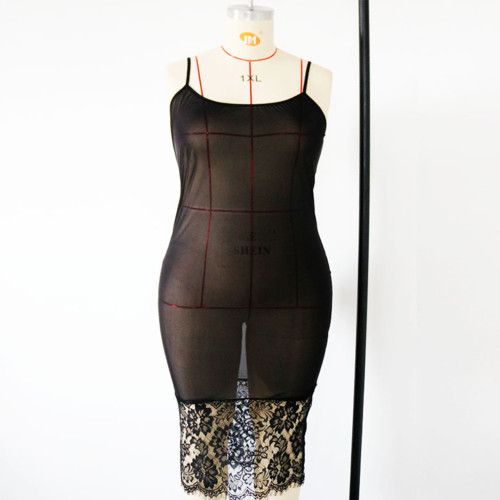 Rushlover Black U-neck High Stretch Big Size Dress Oversized Lace See-through Dress