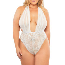 Rushlover White Sexy Plus Size Halter Lace High Slit Retro One-piece Bodysuit For Lady