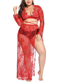 Rushlover Red Sexy Deep V Large Size Fat MM Lace Sling Dress Sexy Lingerie