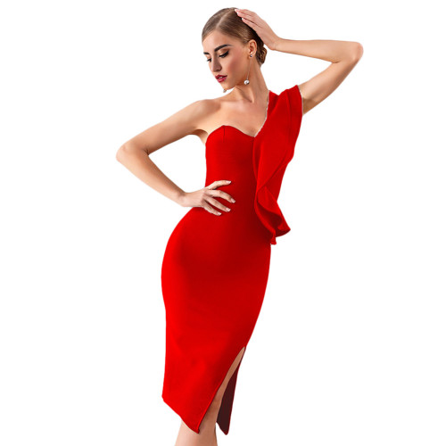 Rushlover Red Sloping Shoulder Bandage Skirt Solid Color Sexy Dress