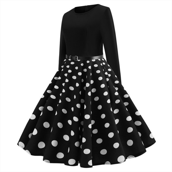 Rushlover Retro Round Neck Long-sleeved Polka Dot Stitching Solid Color Big Swing Dress