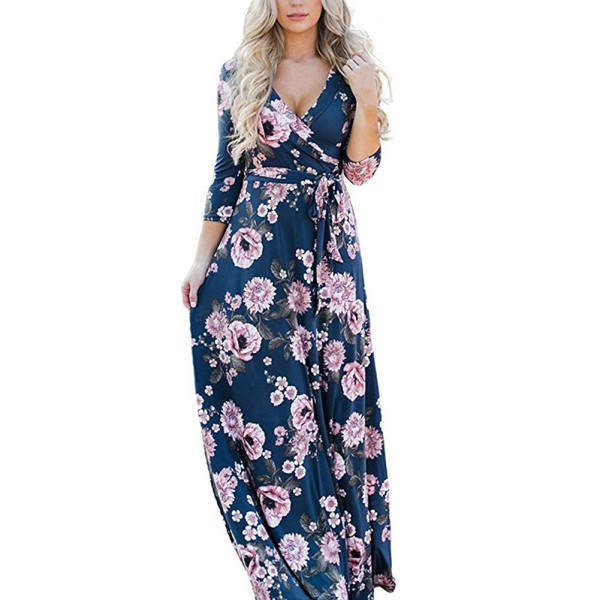 Rushlover Navy Blue Deep V Collar Floral Pattern  Maxi Wrap Dresses All-Match Fashion