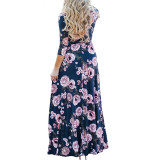 Rushlover Navy Blue Deep V Collar Floral Pattern  Maxi Wrap Dresses All-Match Fashion