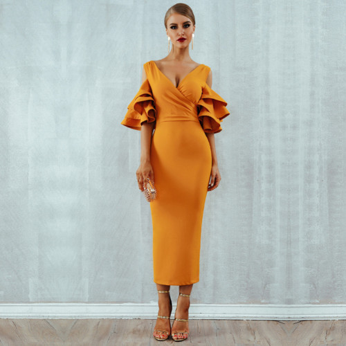 Rushlover Yellow Pile Of Sleeves Off-The-Shoulder V-Neck Dress Female Banquet Dress