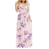 Rushlover Light Pink Summer Floral Print Faux Wrap Maxi Long Dresses with Belt