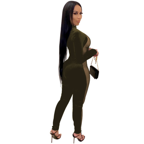 Rushlover Army Green Large Size Long Sleeve Plus Size Mock-Neck Jumpsuit For Women