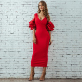 Rushlover Red Pile Sleeves Strapless V-neck Dress Female Banquet Dress