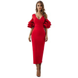 Rushlover Red Pile Sleeves Strapless V-neck Dress Female Banquet Dress